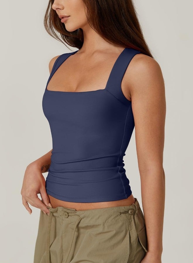 QINSEN Women's Square Neck Sleeveless Double-Layer Tank Tops Basic Tight T Shirts Navy Blue M - Image 2